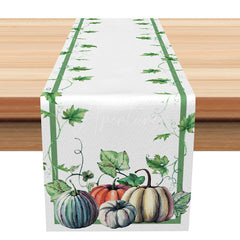 Aperturee - Aperturee Green Vine and Stripe Pumpkin Table Runner Modern Farmhouse Autumn Decor Thanksgiving and Fall Harvest Kitchen