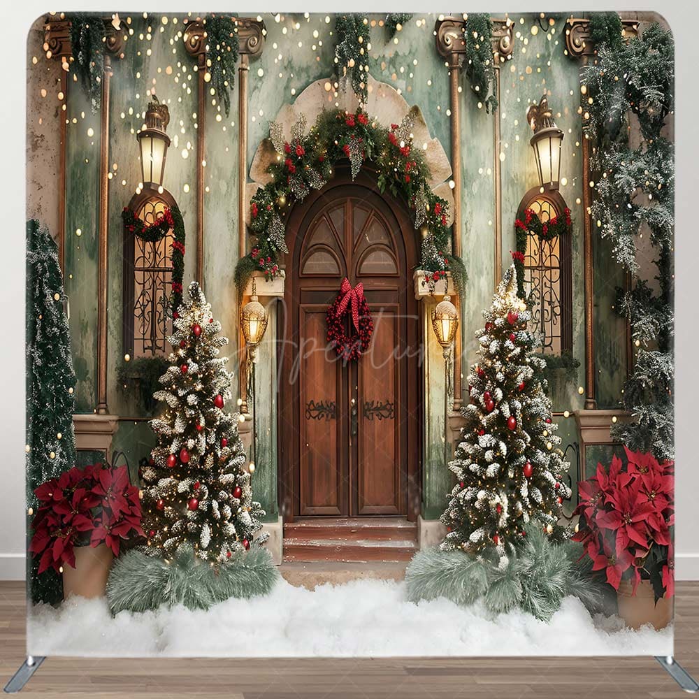 Aperturee - Aperturee Green Wall Brown Door Villa Xmas Pillow Case Backdrop