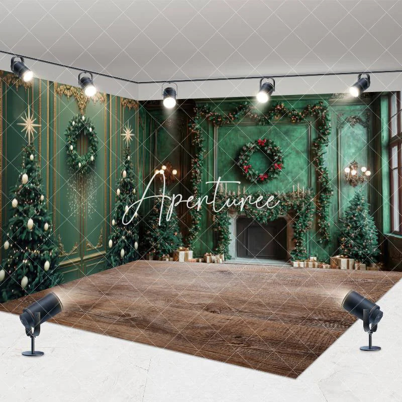 Aperturee - Aperturee Green Wall Tree Fireplace Christmas Room Set Backdrop