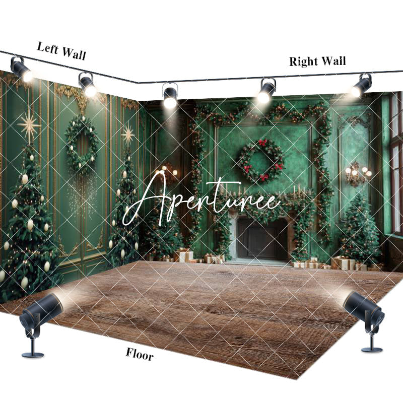 Aperturee - Aperturee Green Wall Tree Fireplace Christmas Room Set Backdrop