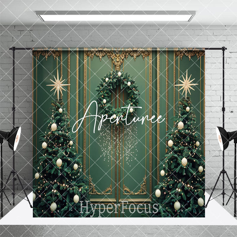 Aperturee - Aperturee Green Wall Tree Fireplace Christmas Room Set Backdrop