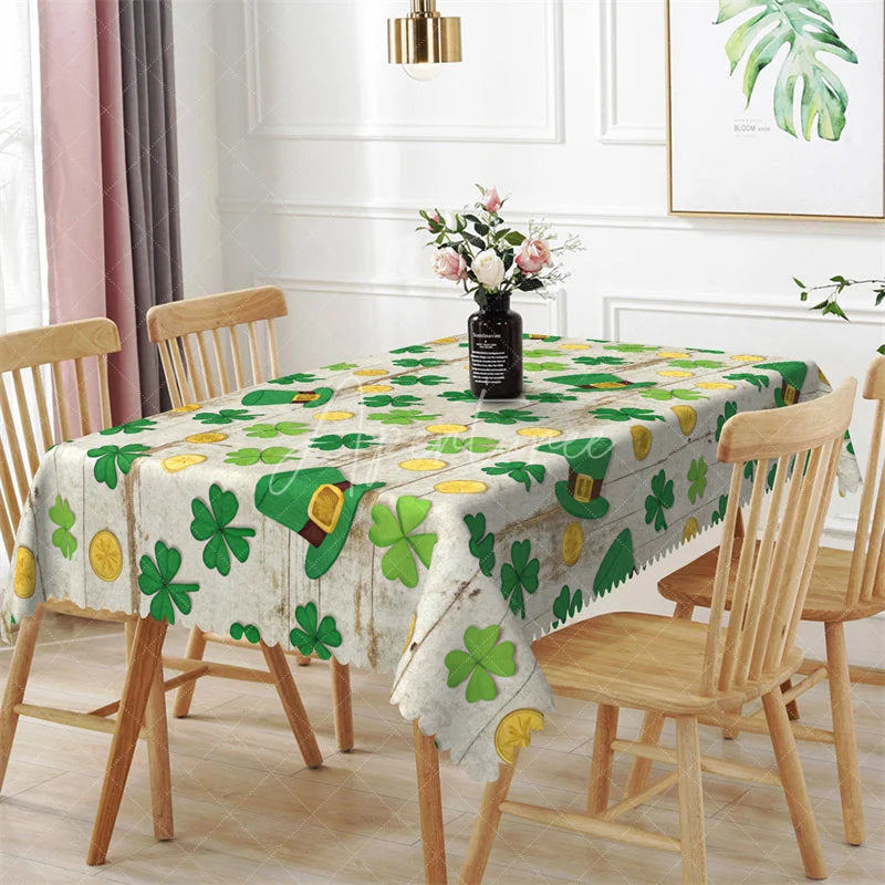 Aperturee - Aperturee Green Watercolor Shamrock Rectangle Tablecloth Lucky Four Leaf Clover St Patricks Day Table Cover