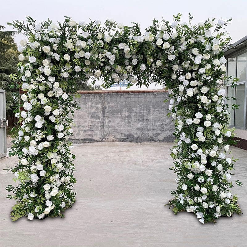 Aperturee - Aperturee Green White Fabric Rose Artificial Arch Flower Wall