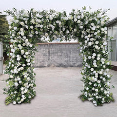 Aperturee - Aperturee Green White Fabric Rose Artificial Arch Flower Wall