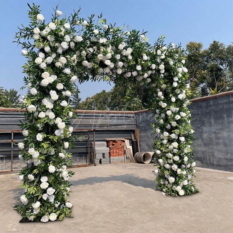 Aperturee - Aperturee Green White Fabric Rose Artificial Arch Flower Wall