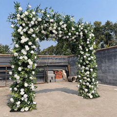 Aperturee - Aperturee Green White Fabric Rose Artificial Arch Flower Wall