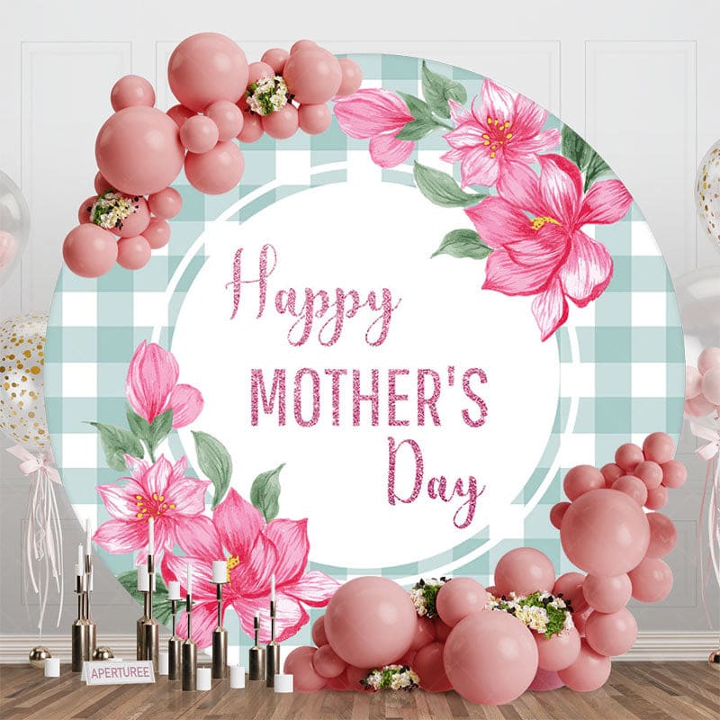 Aperturee - Aperturee Green White Plaid Floral Round Mothers Day Backdrop
