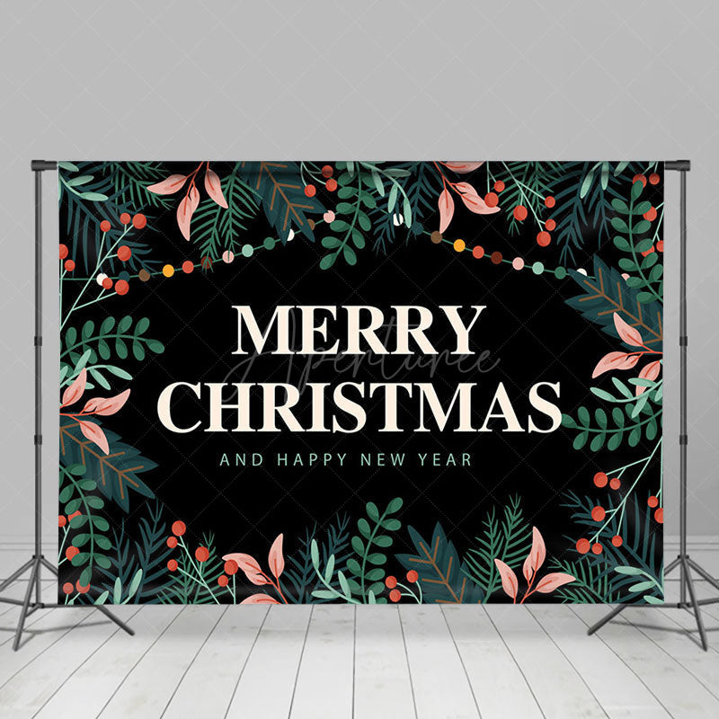 Aperturee - Aperturee Greenery Black Merry Christmas Happy New Year Backdrop