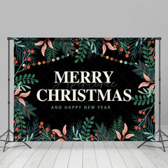 Aperturee - Aperturee Greenery Black Merry Christmas Happy New Year Backdrop