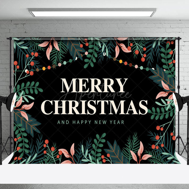 Aperturee - Aperturee Greenery Black Merry Christmas Happy New Year Backdrop