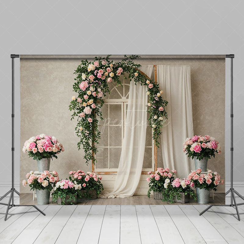 Aperturee - Aperturee Greenery Floral Window White Yarn Wedding Backdrop