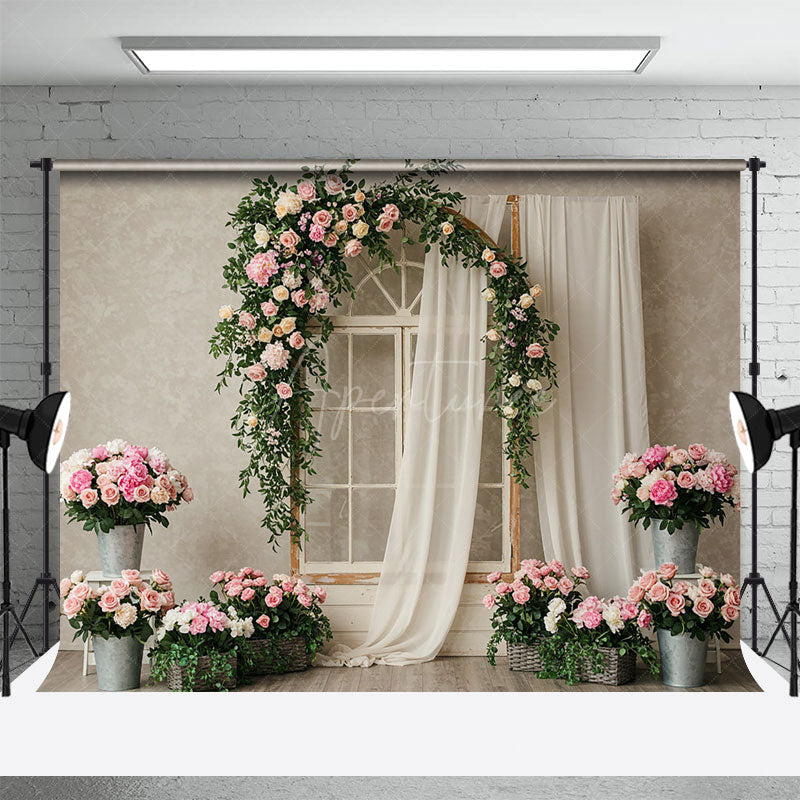 Aperturee - Aperturee Greenery Floral Window White Yarn Wedding Backdrop