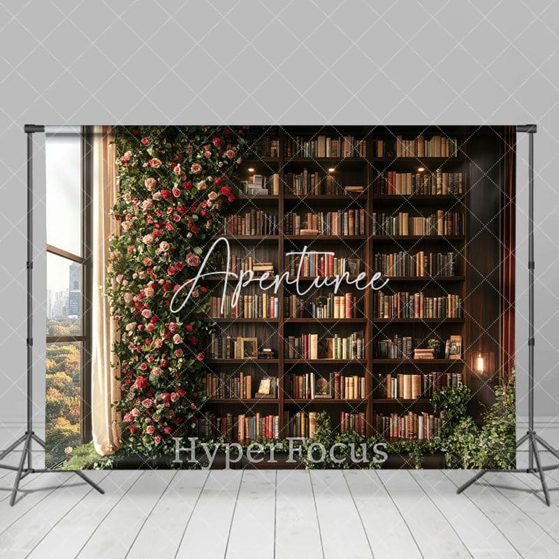 Aperturee - Aperturee Greenery Floral Wooden Bookshelf Spring Backdrop