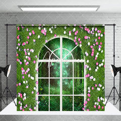Aperturee - Aperturee Greenery Pink Floral Fence Forest Room Set Backdrop