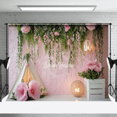 Aperturee - Aperturee Greenery Pink Wall Tent Floral Wedding Photo Backdrop