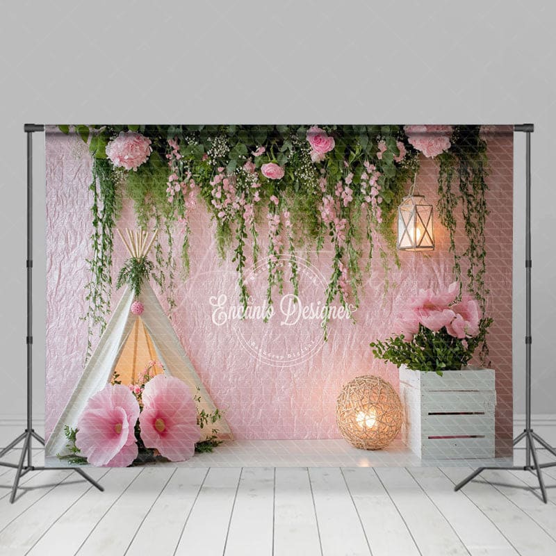 Aperturee - Aperturee Greenery Pink Wall Tent Floral Wedding Photo Backdrop
