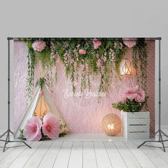 Aperturee - Aperturee Greenery Pink Wall Tent Floral Wedding Photo Backdrop