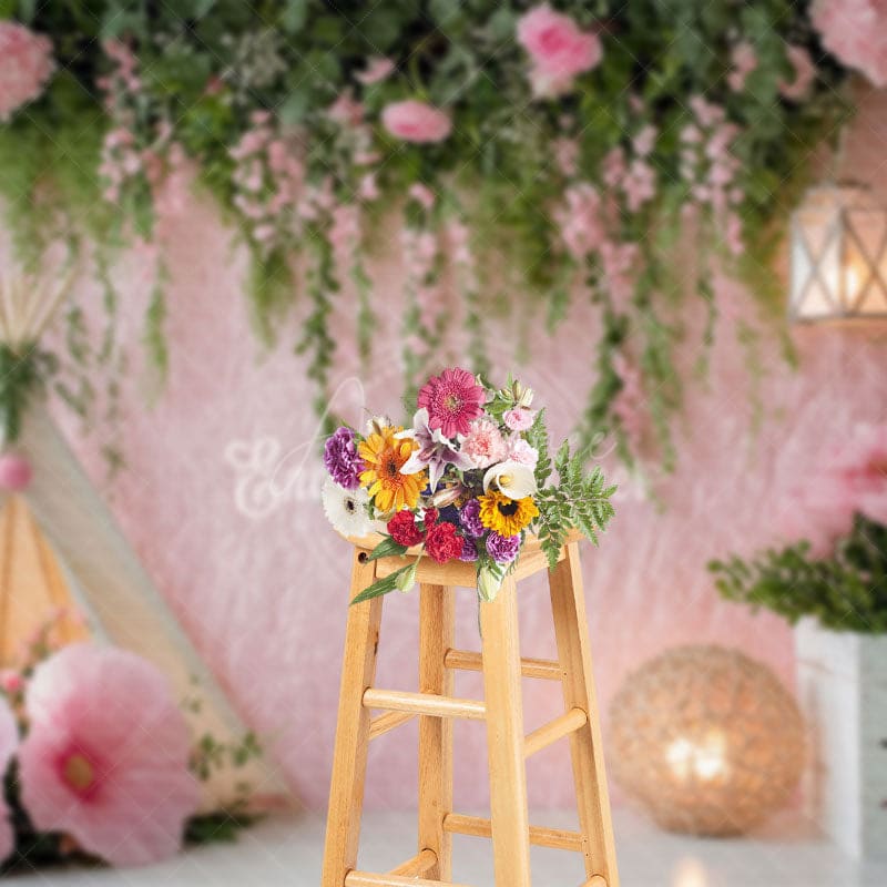 Aperturee - Aperturee Greenery Pink Wall Tent Floral Wedding Photo Backdrop