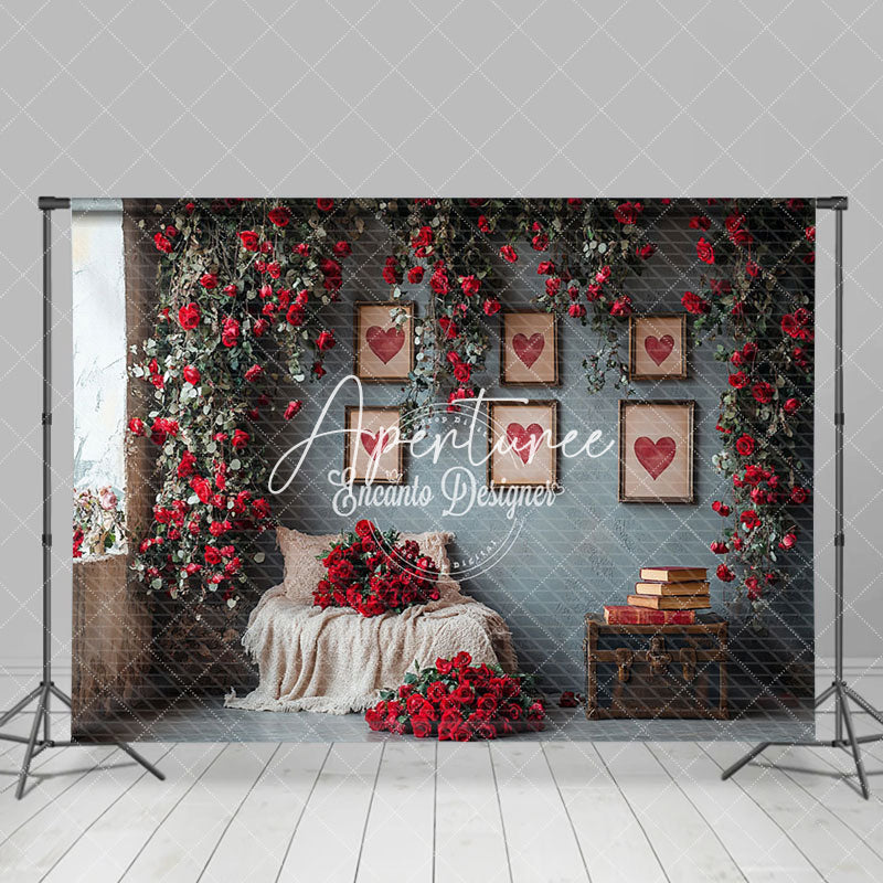 Aperturee - Aperturee Greenery Red Rose Retro Valentines Vibe Backdrop