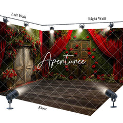Aperturee - Aperturee Greenery Wall Red Curtain Red Rose Room Set Backdrop