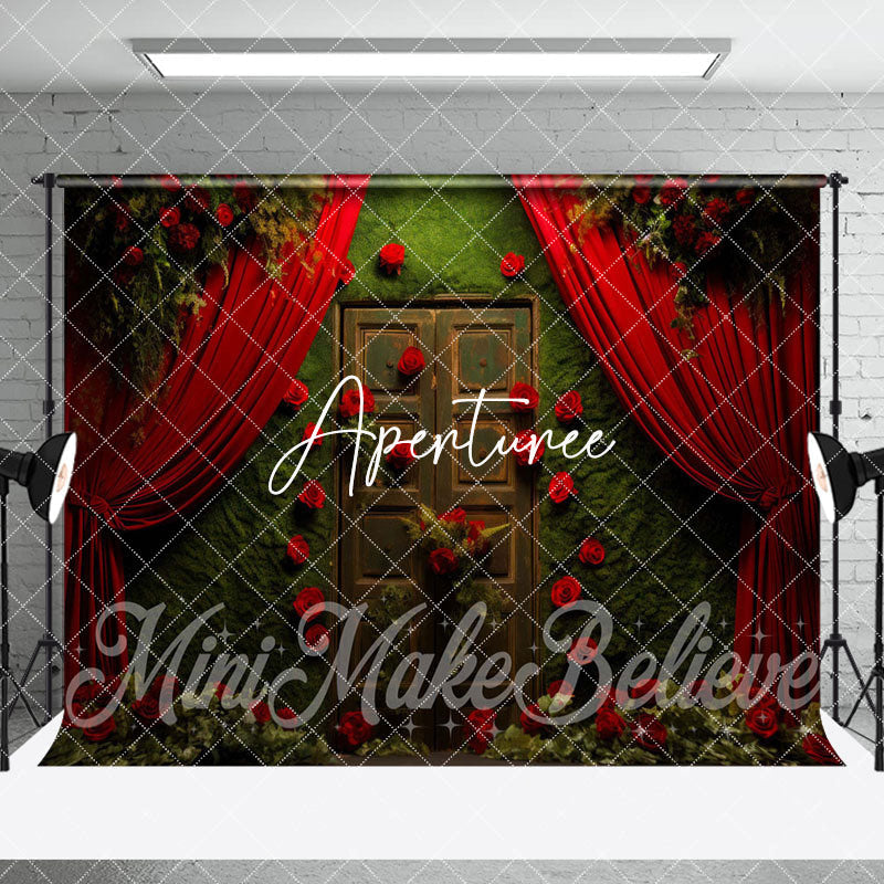 Aperturee - Aperturee Greenery Wall Red Curtain Red Rose Room Set Backdrop