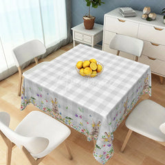 Aperturee - Aperturee Grey and White Buffalo Check Rectangle Tablecloth with Floral Bunny Border Charming Easter Spring Decor