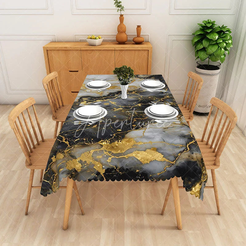 Aperturee - Aperturee Grey and White Geometric Marble Rectangle Tablecloth Gold Hexagon Line Art Table Cover Modern Decor