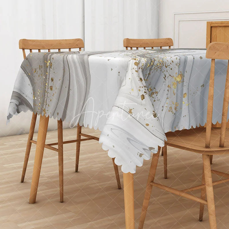 Aperturee - Aperturee Grey and White Marble Rectangle Tablecloth with Gold Veins for Modern and Luxury Dining Decor