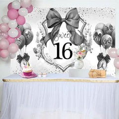 Aperturee - Aperturee Grey Balloons Bow Floral Sweet 16 Birthday Backdrop