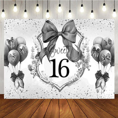 Aperturee - Aperturee Grey Balloons Bow Floral Sweet 16 Birthday Backdrop