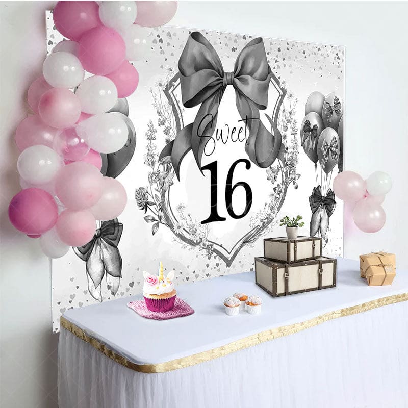 Aperturee - Aperturee Grey Balloons Bow Floral Sweet 16 Birthday Backdrop