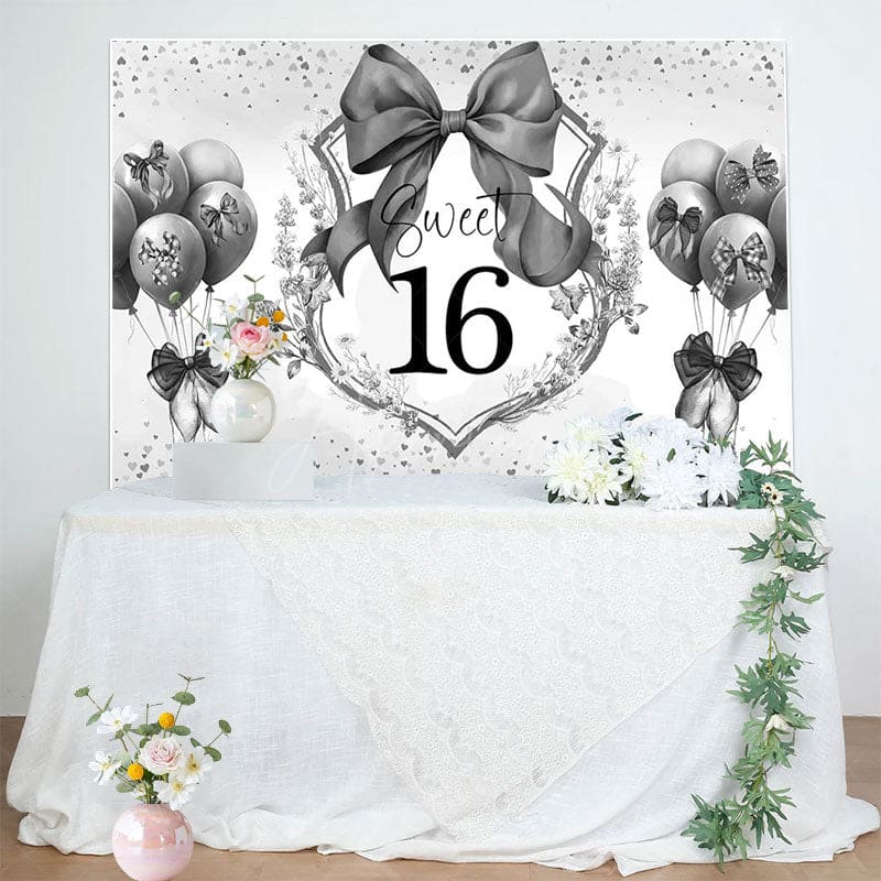 Aperturee - Aperturee Grey Balloons Bow Floral Sweet 16 Birthday Backdrop