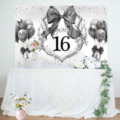 Aperturee - Aperturee Grey Balloons Bow Floral Sweet 16 Birthday Backdrop