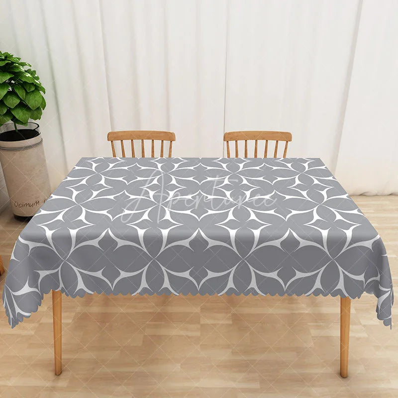 Aperturee - Aperturee Grey Geometric Petal Rectangle Tablecloth Abstract White Curved Line Table Cover Contemporary Home Decor