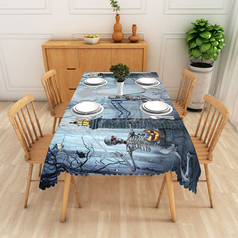 Aperturee - Aperturee Grey Halloween Rectangle Tablecloth with Skeletons and Jack O’ Lanterns for Spooky Party Decor