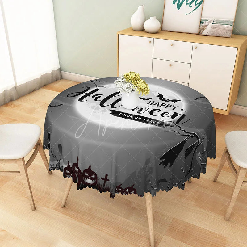 Aperturee - Aperturee Grey Halloween Round Tablecloth with Moon Bats and Cemetery for Gothic and Spooky Haunted Decor