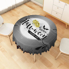 Aperturee - Aperturee Grey Halloween Round Tablecloth with Moon Bats and Cemetery for Gothic and Spooky Haunted Decor