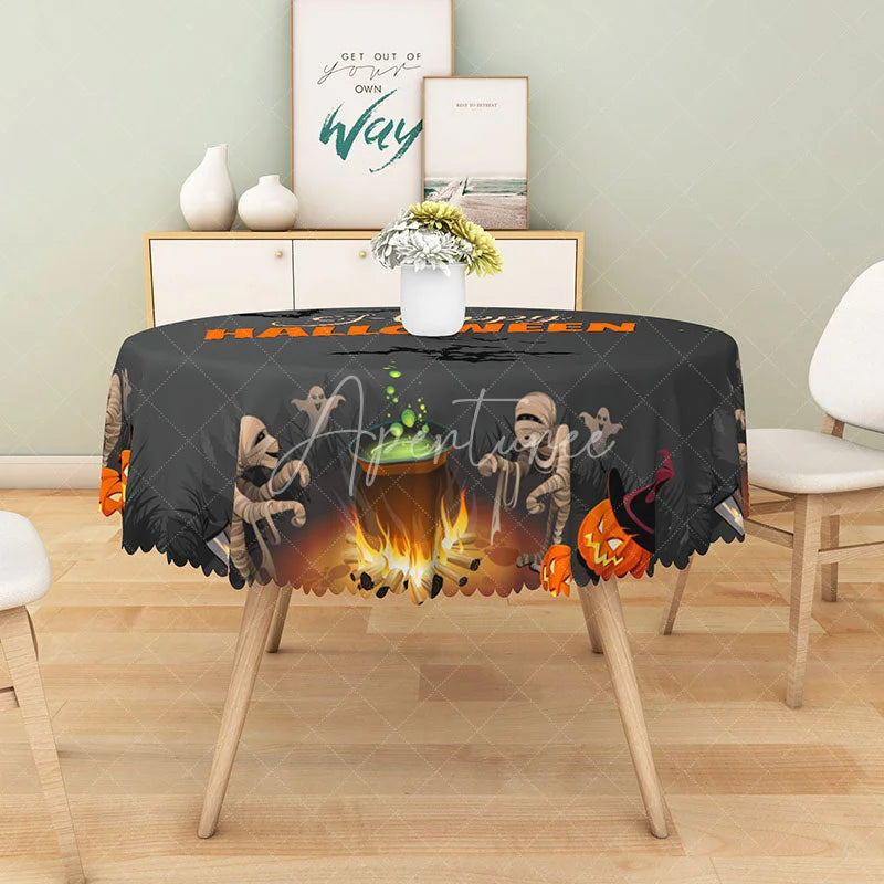 Aperturee - Aperturee Grey Halloween Round Tablecloth with Mummy Bats and Jack-o’-Lanterns for Spooky Kids Party Decor