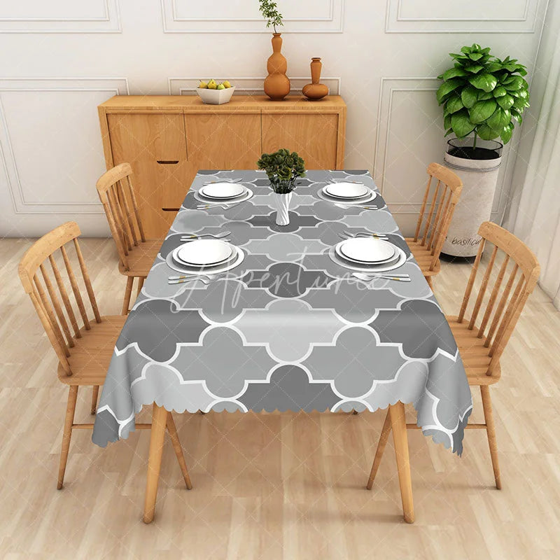 Aperturee - Aperturee Grey Moroccan Trellis Rectangle Tablecloth Geometric Quatrefoil Table Cover Modern Minimalist Home Decor