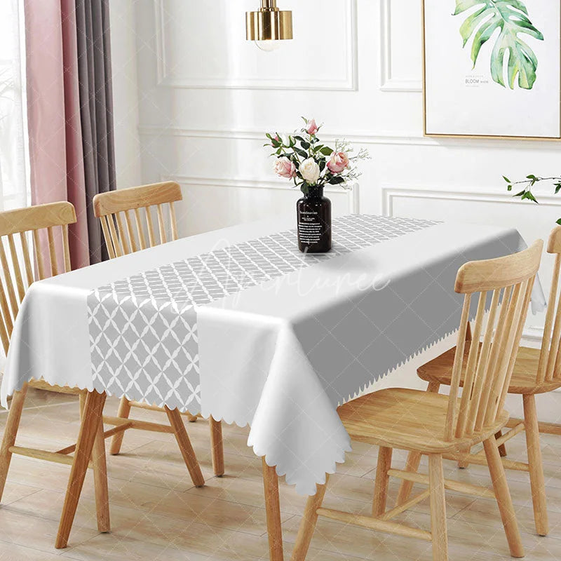 Aperturee - Aperturee Grey Trellis Rectangle Tablecloth White and Grey Geometric Pattern Waterproof Table Cover