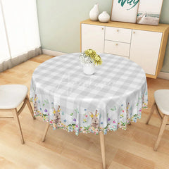 Aperturee - Aperturee Grey White Buffalo Plaid Round Tablecloth with Cute Bunnies and Spring Floral Border Easter Spring Decor