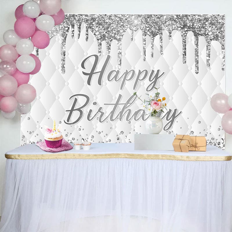 Aperturee - Aperturee Grey White Glitter Vibe Happy Birthday Backdrop