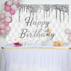 Aperturee - Aperturee Grey White Glitter Vibe Happy Birthday Backdrop
