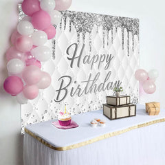 Aperturee - Aperturee Grey White Glitter Vibe Happy Birthday Backdrop