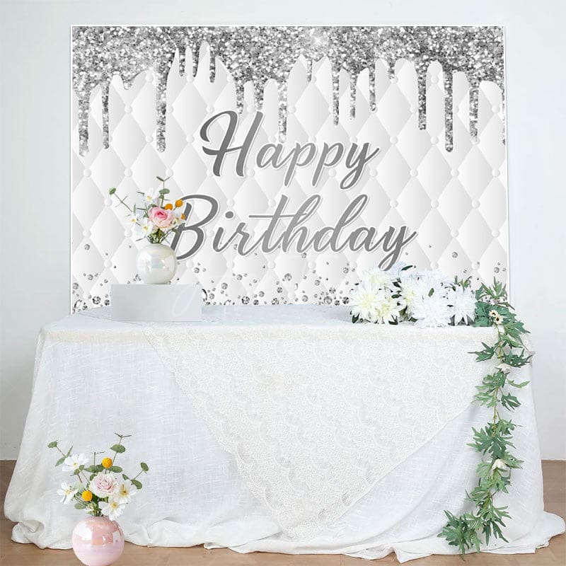 Aperturee - Aperturee Grey White Glitter Vibe Happy Birthday Backdrop