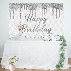 Aperturee - Aperturee Grey White Glitter Vibe Happy Birthday Backdrop
