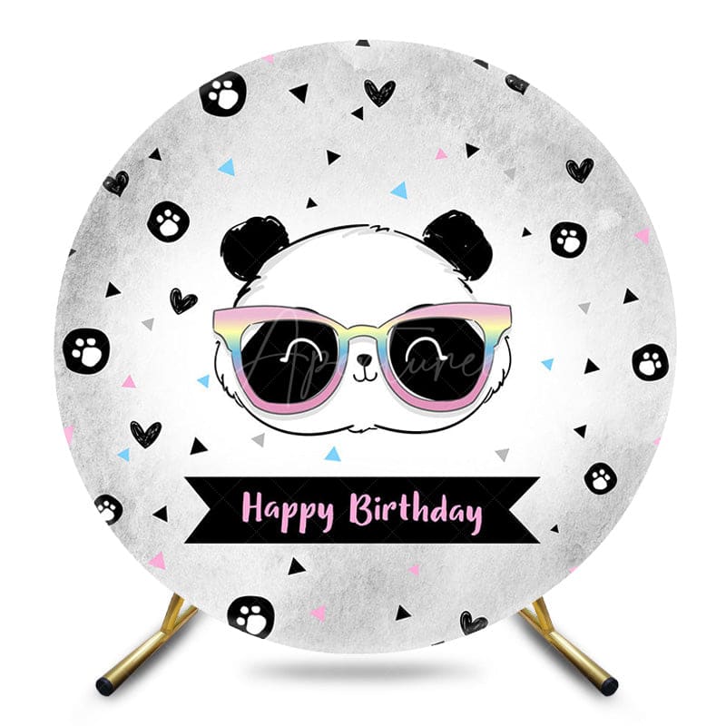 Aperturee - Aperturee Grey White Panda Head Round Happy Birthday Backdrop