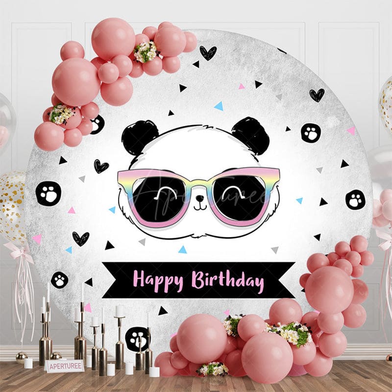 Aperturee - Aperturee Grey White Panda Head Round Happy Birthday Backdrop
