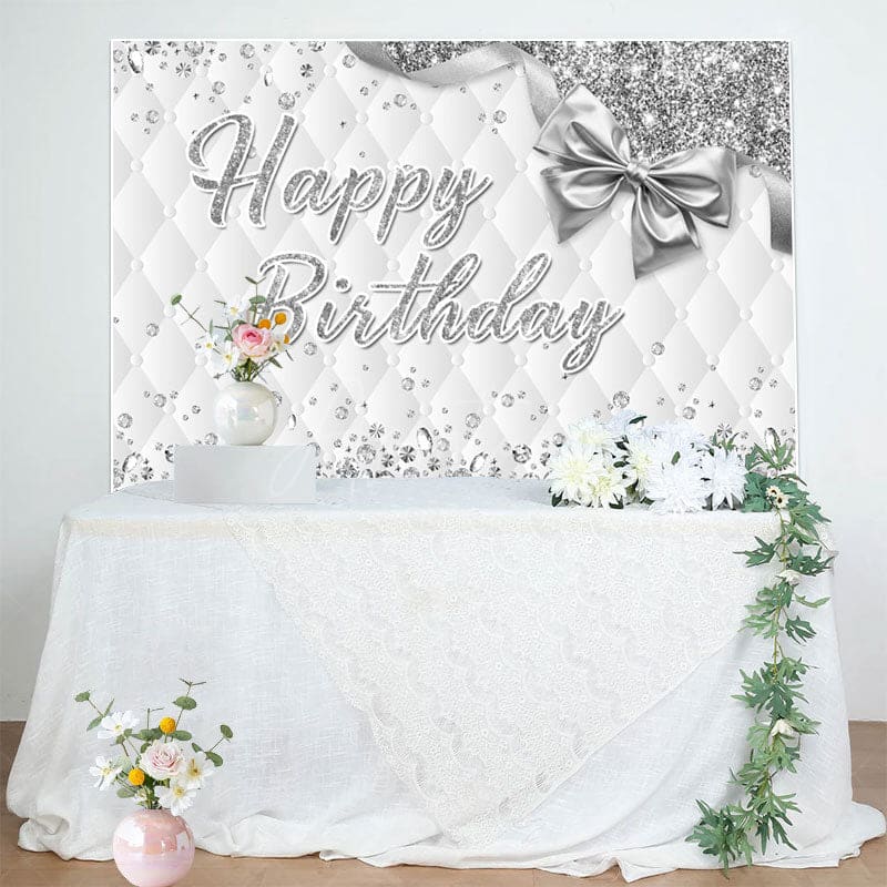 Aperturee - Aperturee Grey White Vibe Bow Glitter Happy Birthday Backdrop