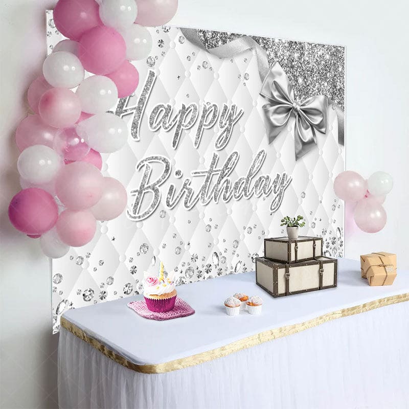 Aperturee - Aperturee Grey White Vibe Bow Glitter Happy Birthday Backdrop